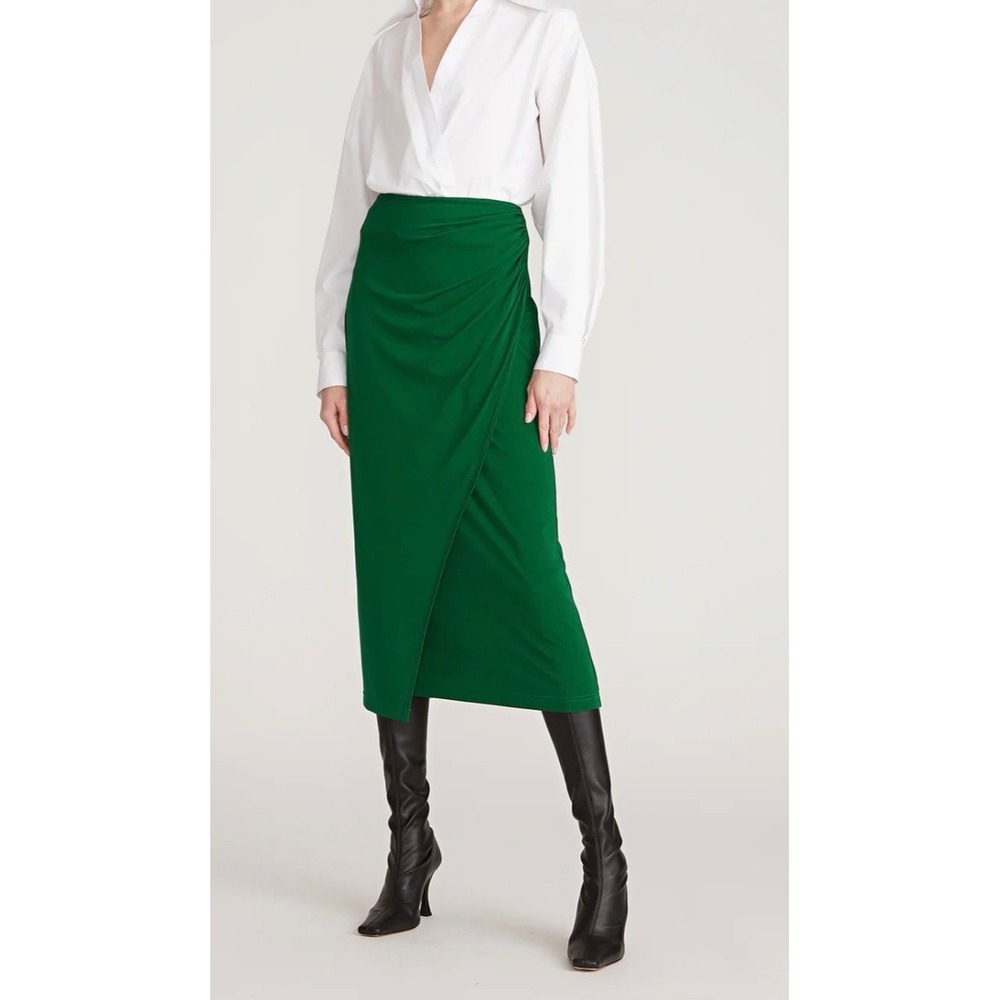 Halston Green Draped Faux Wrap Midi Skirt Ruched Jersey Size L